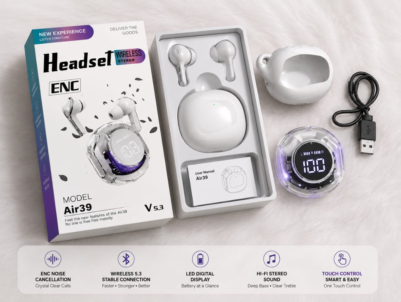 Air39 Premium Wireless Earbuds – Bluetooth 5.3 with ANC, Super Bass & Fast Charging Cable